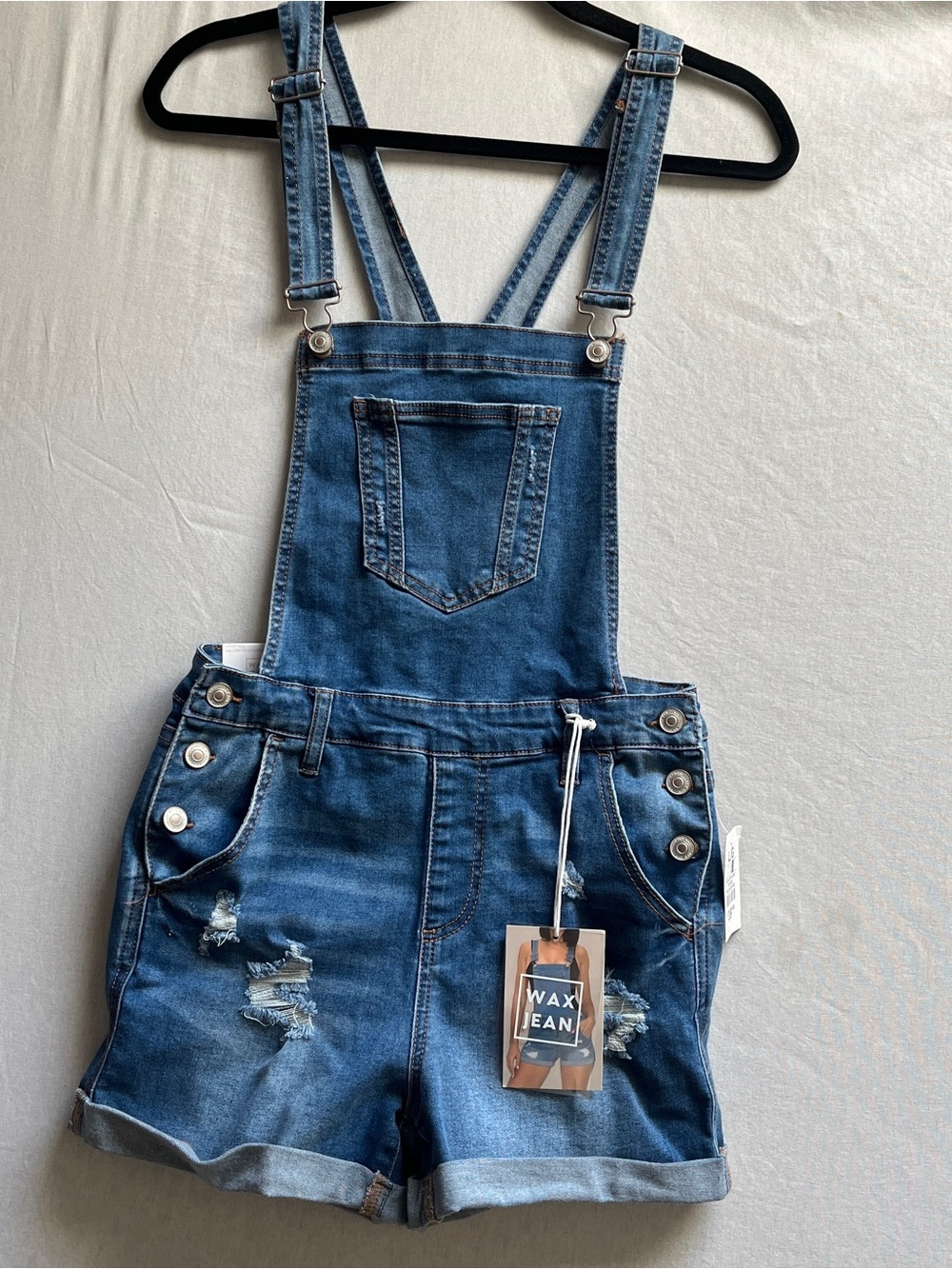 Wax Jean Denim Short Overalls Cuffed Distressed Medium Wash L NWT